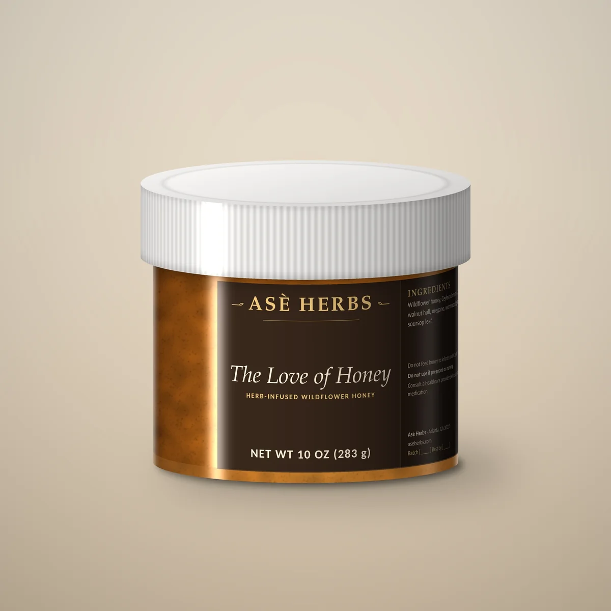 A jar of The Love of Honey herb-infused wildflower honey by Asè Herbs